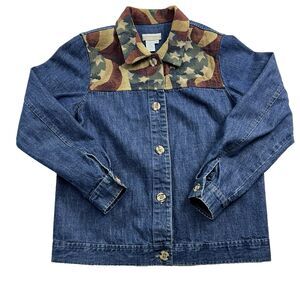 Coldwater Creek Women's Small Cotton Denim Jacket Colorful Flag Tapestry Overlay